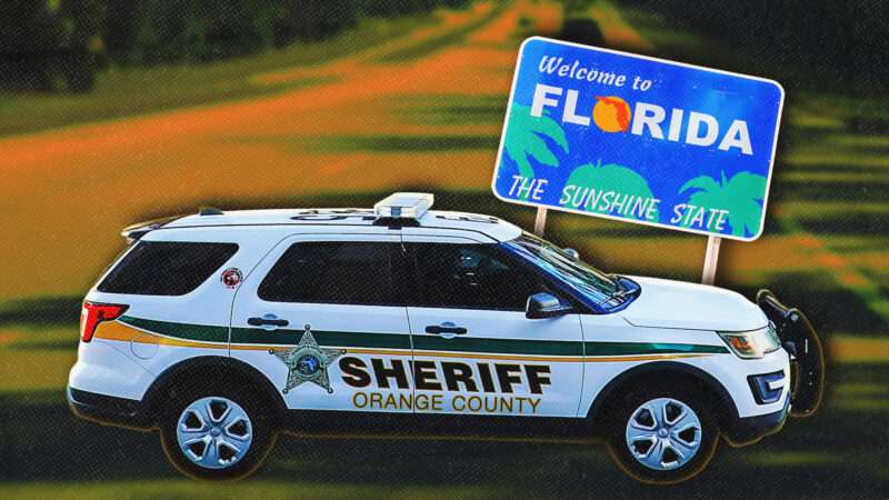 Orange County Sheriff SUV and a Welcome to Florida sign | Illustration: Jillian Cain/Wellesenterprises/Dreamstime/Midjourney