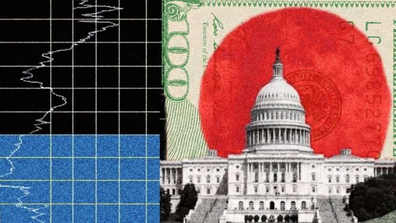 Betting market graph and the U.S. Capitol with money in the background | Illustration: Lex Villena; Midjourney