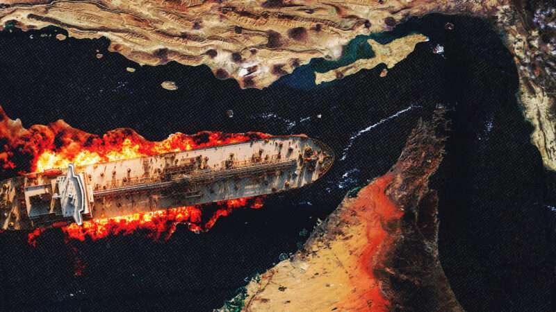 A container ship in the Strait of Hormuz | Illustration: Midjourney/MODIS Land Rapid Response Team/National Aeronautics and Space Administration (NASA)/Wikimedia Commons