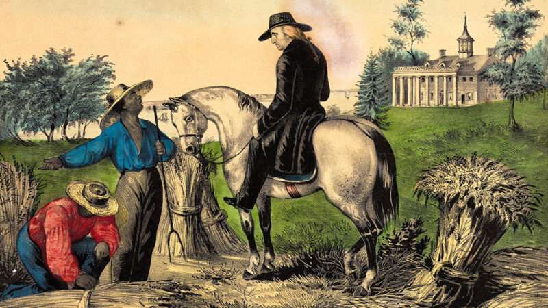 A drawing of George Washington sitting on a white horse while talking to two black slaves working in the field at Mount Vernon. | Nathaniel Currier/Metropolitan Museum of Art