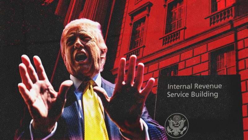 President Donald Trump superimposed against the Internal Revenue Service (IRS) building in Washington, D.C. | Sipa USA/Newscom/Oliver Contreras/Sipa USA/Newscom