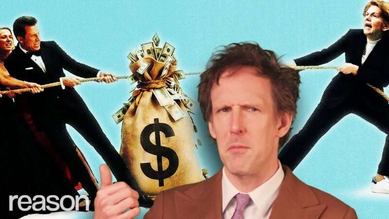 Andrew Heaton with wealthy people and Elizabeth Warren in a tug of war over a bag of money. | ReasonTV
