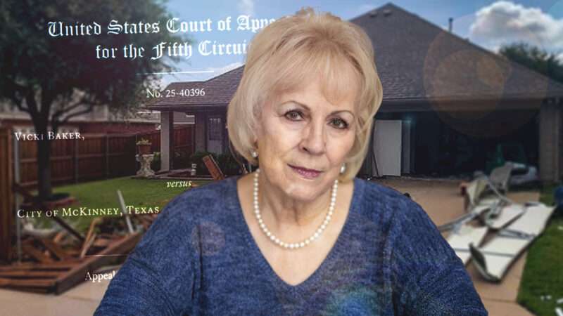 Vicki Baker is seen in front of her destroyed Texas house | Illustration: Adani Samat. Photo: Institute For Justice