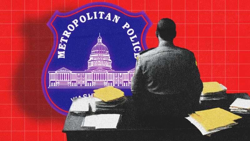An officer sits at attention in front of the seal of the Washington, D.C. Metro Police Department. | Illustration: Leodavidson/Wikimedia Commons/Midjourney