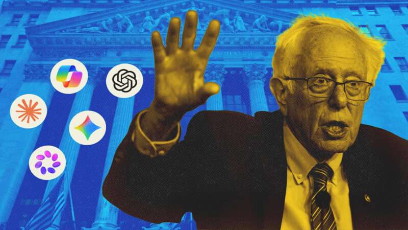Blue-tinted New York Stock Exchange in the background, AI company logos, and a yellow-tinted picture of Bernie Sanders in the foreground | Illustration: AltrendoImages/Envato/Samuel Corum/Sipa USA/Newscom