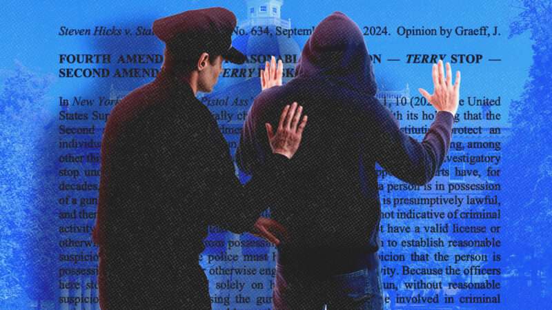 Police officer stopping-and-frisking a woman, with text of the court ruling in the background | Illustration: Maryland Appellate Court/mdcourts.gov/Martin Falbisoner/Wikimedia Commons/Midjourney