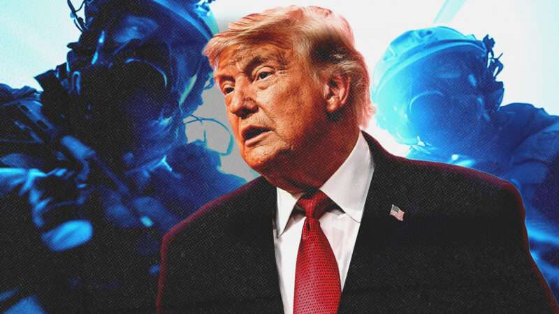 A photo of President Donald Trump, in front of a separate photo of two men in gas masks wearing tactical gear, colorized in blue. | Jeanne Accorsini/SIPA/Newscom/Midjourney