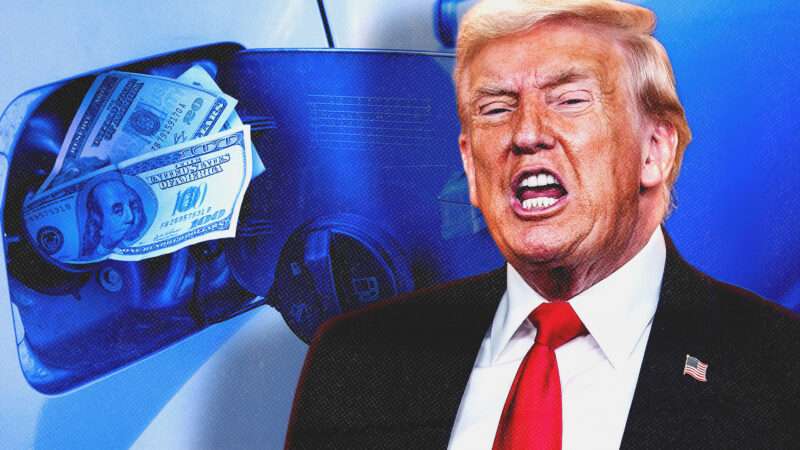 President Trump and dollars being stuffed into a gas pump | Illustration: Andreblais/Dreamstime/Aaron Schwartz-Pool via CNP/CNP/Polaris/Newscom