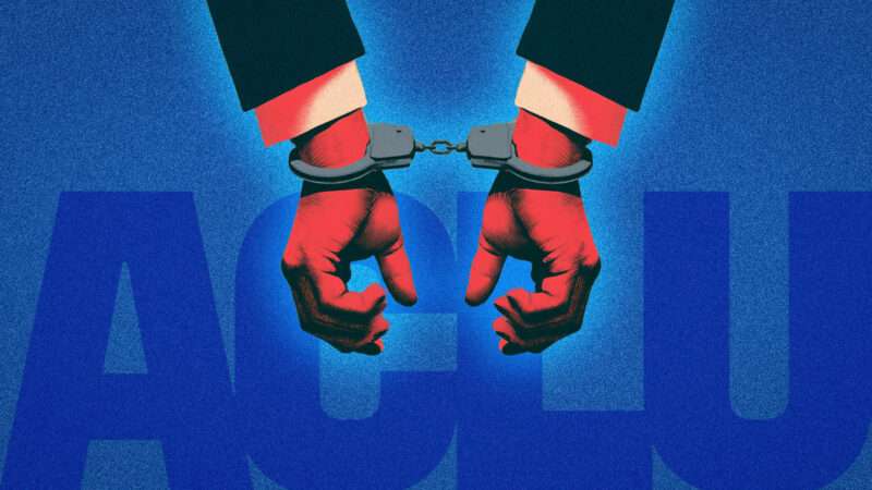 Handcuffed in front of the ACLU logo | Illustration: ACLU/Midjourney