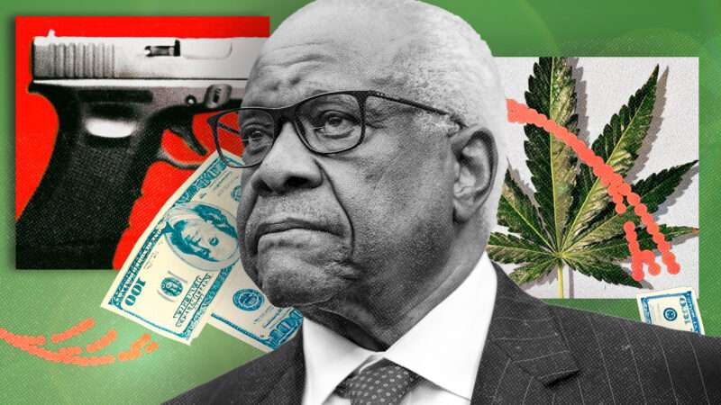 Supreme Court Justice Clarence Thomas against a backdrop of a pistol, cash, and a cannabis leaf | Pool/Abaca/Newscom/Adani Samat/Midjourney