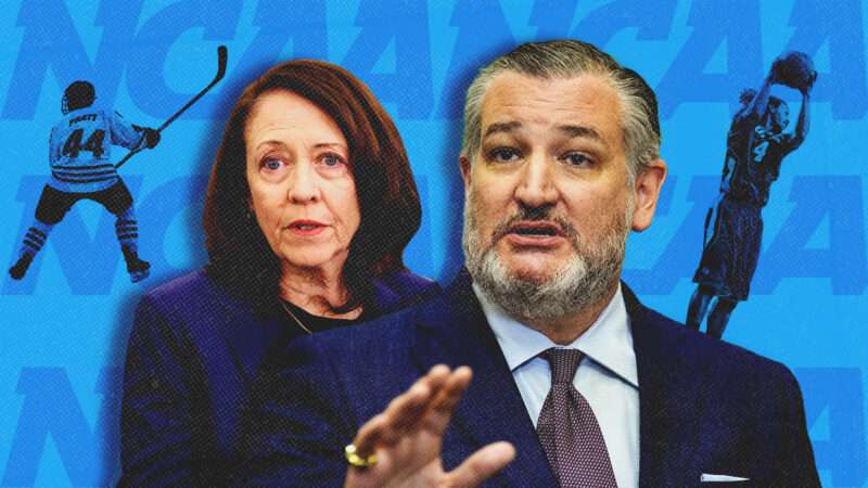 Against a blue background with the NCAA logo, a collage image with photographs of Sen. Ted Cruz, Sen. Maria Cantwell, a hockey player, and a basketball player. | Illustration: National Collegiate Athletic Association/Yuri Gripas - via CNP/Polaris/Gent Shkullaku/ZUMAPRESS/Newscom/Jiawangkun/Aspenphoto/Dreamstime