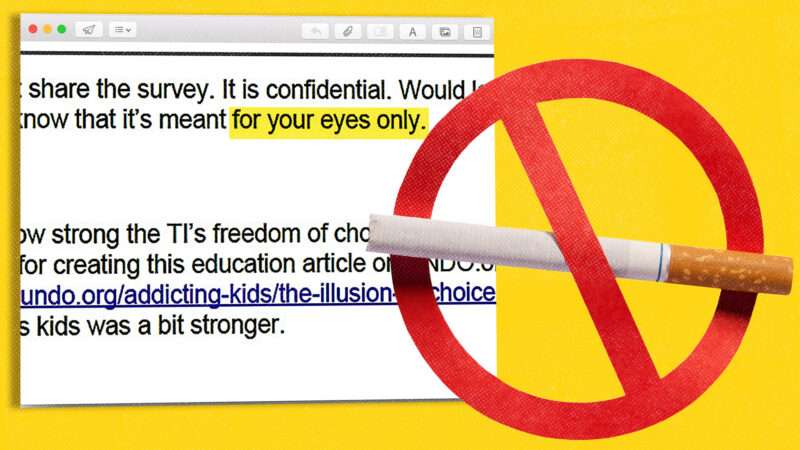 Against a yellow background, a cigarette is covered by the ban symbol, in front of a screenshot of an email with these words highlighted in yellow: "for your eyes only." | Adani Samat/Midjourney