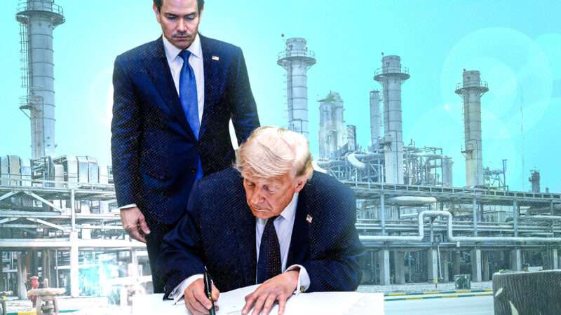 Donald Trump signing embargo waiver with Marco Rubio behind him | Babak Bordbar/MEI/SIPA/Newscom/Daniel Torok/White House via AQP. Illustration: Adani Samat