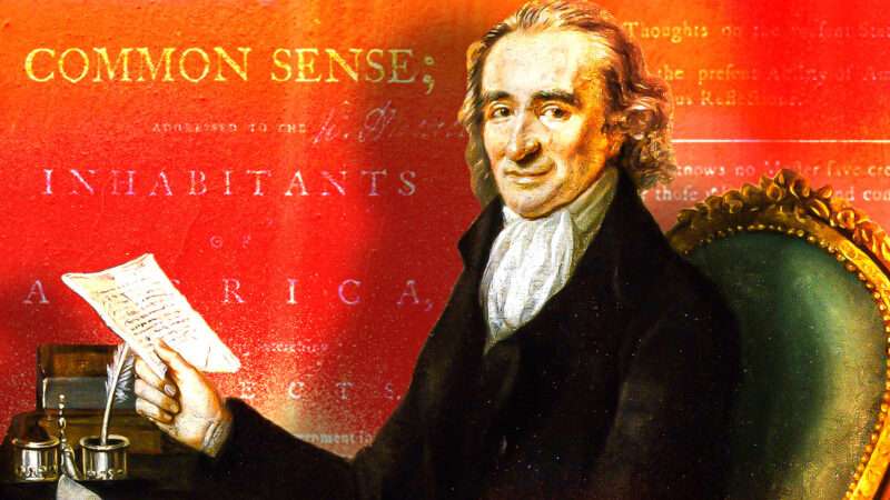 Thomas Paine against a red background with gold text from Common Sense | Illustration: Adani Samat/Laurent Dabos
