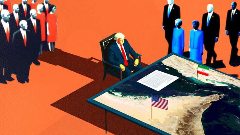 A digital image of Trump sitting in front of a map with American and Iranian flags with several figures in the background against an orange background | Illustration: Adani Samat/Midjourney