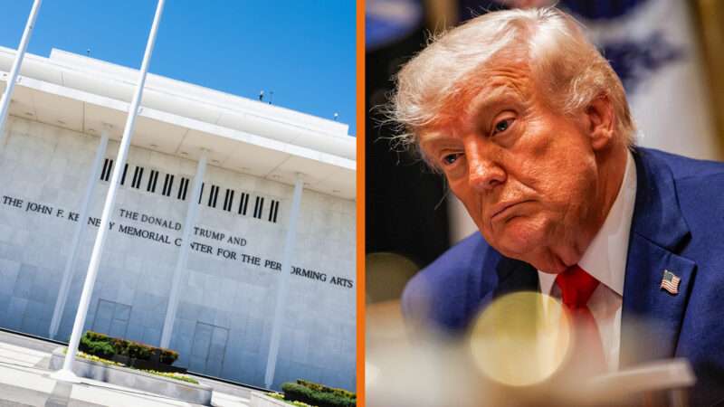 President Donald Trump next to a photo of the Kennedy Center | Samuel Corum/UPI/Jeremy Bigwood/Zuma Press/Newscom