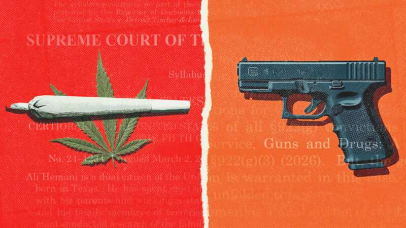 a joint, a cannabis leaf, and a gun against a backdrop of the Supreme Court's decision in United States v. Hemani | Adani Samat/Midjourney
