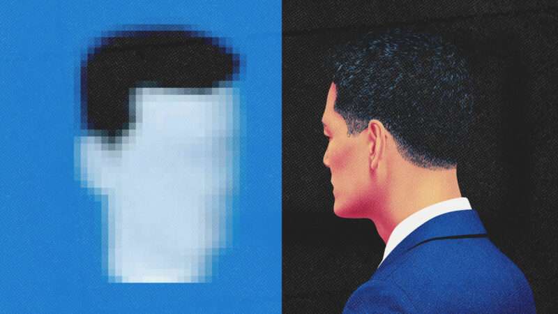 A man faces a grainy picture of himself, signifying AI facial recognition. | Illustration: Midjourney