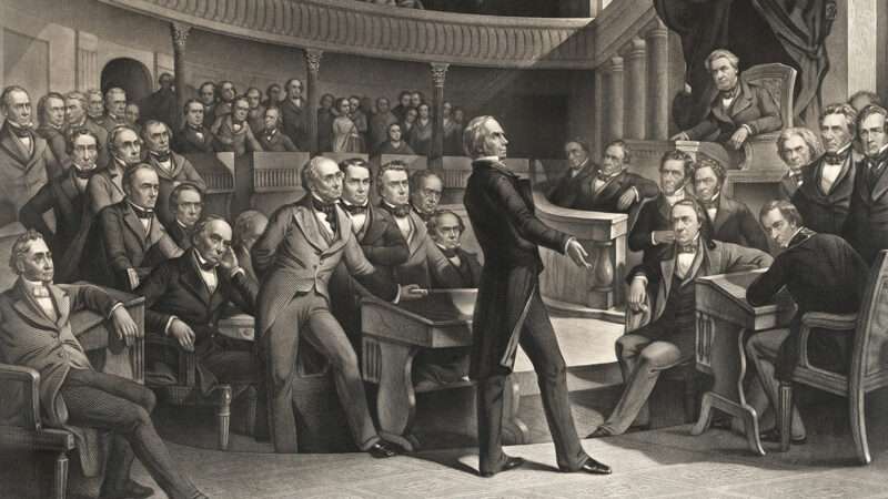 A black and white drawing of a debate in the U.S. Senate in the middle of the 19th century, where Henry Clay is speaking. | Illustration: The United States Senate, 1850, drawn by P. F. Rothermel, engraved by R. Whitechurch; Library of Congress