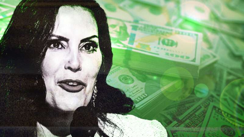 Michigan Gov. Gretchen Whitmer against a backdrop of money | Illustration: Adani Samat. Photo: Mackinac Center For Public Policy/Envato