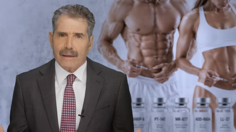 John Stossel is seen next to models with peptides | Stossel TV