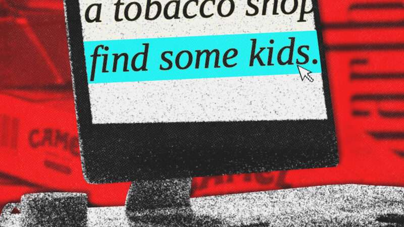 Against a red backdrop with subtle images of cigarette packs, a computer screen is pictured in black and white, with text on the screen highlighted in neon blue that says "find some kids." | Illustration: Peshkova/Volodymyr Melnyk/Josefkubes/Dreamstime