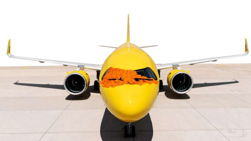 A yellow Spirit Airlines plane | Illustration: Joanna Andreasson; Source images: iStock, Wikimedia