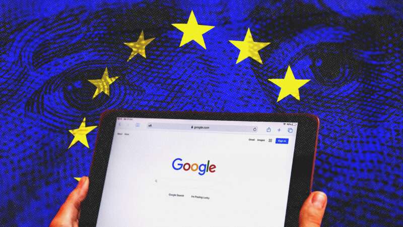 A smartphone showing the Google homepage, with the European Union flag in the background | Illustration: Motion5, SteveAllenPhoto999, Africaimages/Envato