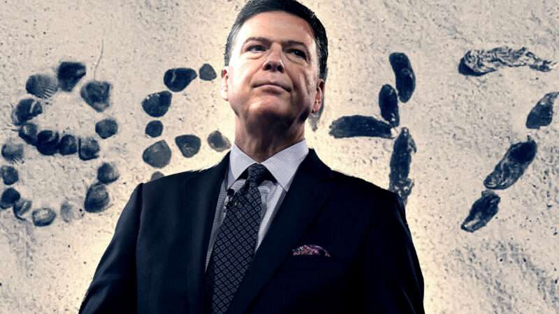 Former FBI Director James Comey against a backdrop of his "86 47" seashell picture | Justin Tang/Zuma Press/Newscom/Instagram/James Comey