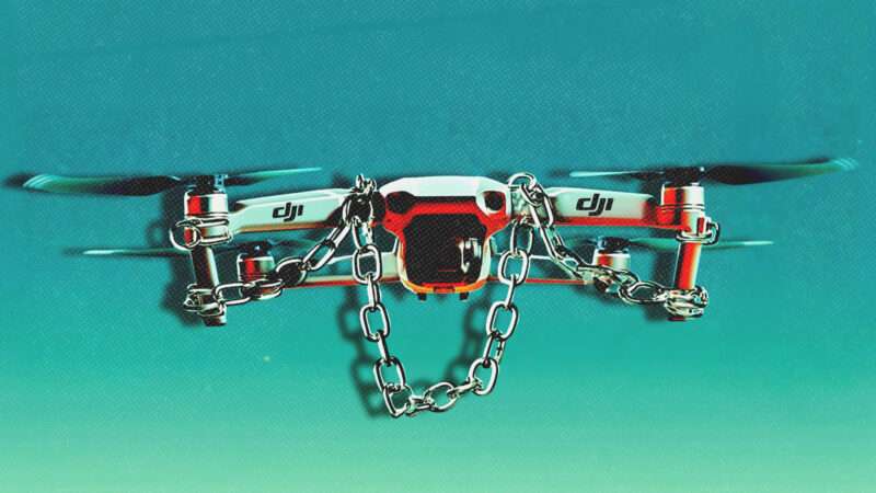 A DJI aerial drone, in chains. | Illustration: DJI/Midjourney