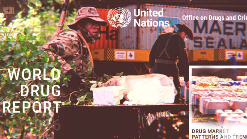 A collage image of several drug-related images and photographs, including the United Nations logo and words that say "WORLD DRUG REPORT." | Illustration: Adani Samat. Photo: Martin Alipaz/EFE/Newscom/Rolf Vennenbernd/dpa/picture-alliance/Sebastian Barros Salamanca
