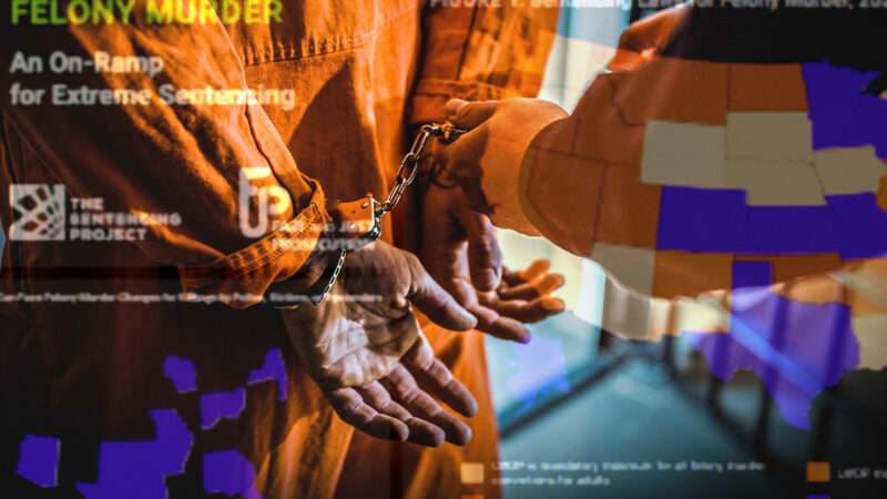 a photo of a handcuffed prison overlaid with images from a report on felony murder laws | Adani Samat/Envato