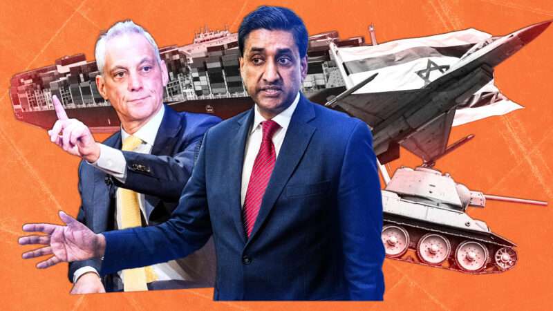 Rahm Emanuel, Ro Khanna, and military weapons against an orange background | Ron Sachs - CNP for NY Post/Newscom/Bob Daemmrich/ZUMAPRESS/Adani Samat