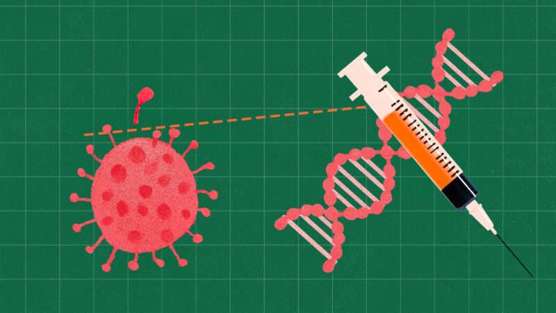 A cartoon of a vaccine, DNA, and a germ | Adani Samat/Midjourney