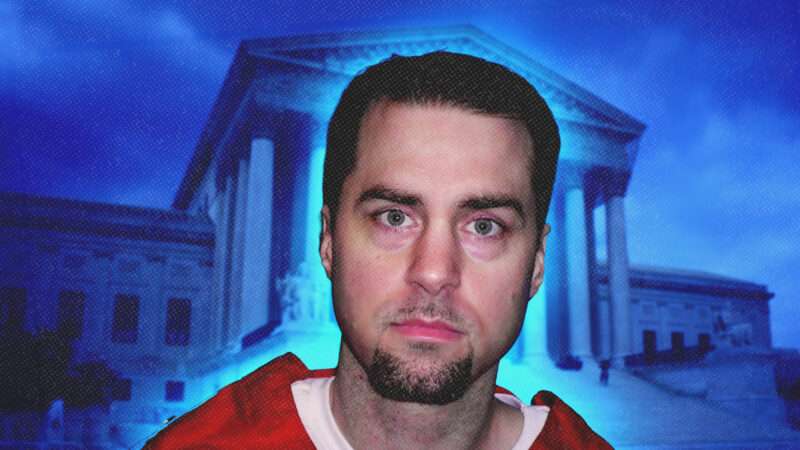 A headshot of a white man with dark hair and a goatee wearing orange prison garb, photoshopped in front of a photograph of the Supreme Court building tinted blue. | Illustration: Mississippi Department of Corrections/Webdata/Dreamstime