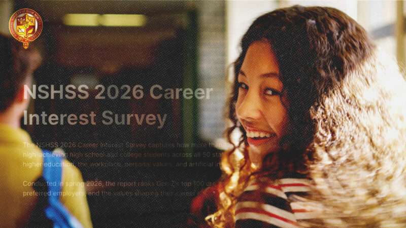 A smiling student with text from a survey overlaid across the image | The National Society of High School Scholars/Yuri Arcurs/Dreamstime