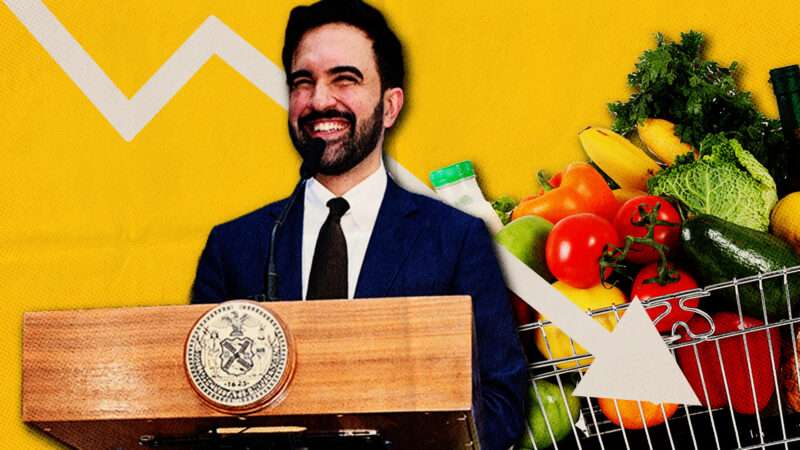Zohran Mamdani, produce, a white downward arrow, and a yellow background | Paul Prescott/Dreamstime, John Taggart/ZUMAPRESS/Newscom Illustration: Fatima Ruiz