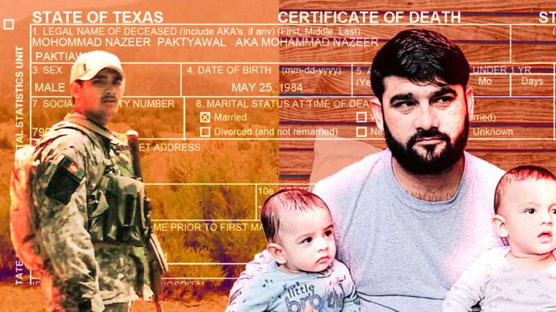 A collage with an orange background, featuring an image on the left of a man in military camouflage, on the right is the same man pictured holding babies, and the background has white text from a death certificate. | Photos courtesy of #AfghanEvac | Illustration: Adani Samat