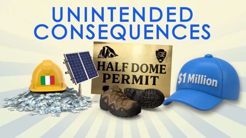 A hard hat with an Italian flag sits on a pile of Euros, a pair of hiking boots rest near a gold permit for the Half Dome hike, and a blue cap labeled with $1 million | ReasonTV