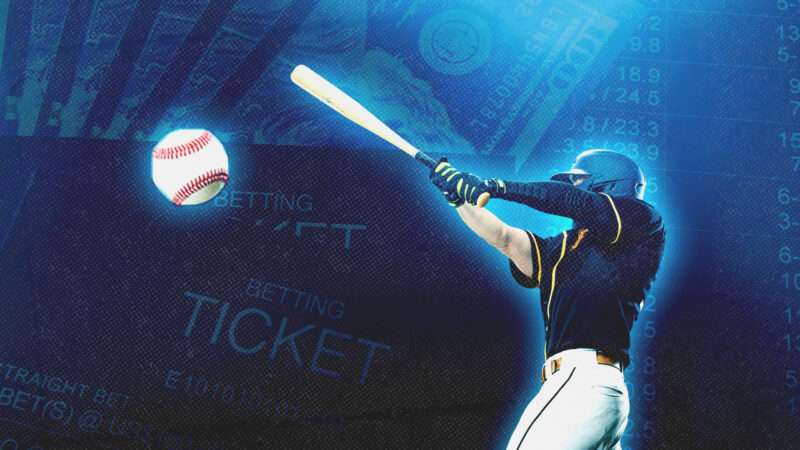 A stylized image of a baseball player in a navy-blue jersey swinging a wooden bat, combined with an image of a large baseball, and in the background are subtle images of betting tickets, odds numbers, and $100 bills in a blue background. | Illustration: Seth Love/Mikedesign/Dreamstime