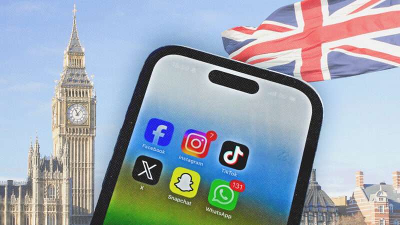 A cell phone with the icons for Facebook, Instagram, TikTok, X, Snapchat, and WhatsApp on the home screen. Big Ben and the British flag are in the background. | Illustration: Tomas Marek/Dreamstime/Elisa Schu/dpa/picture-alliance/Newscom