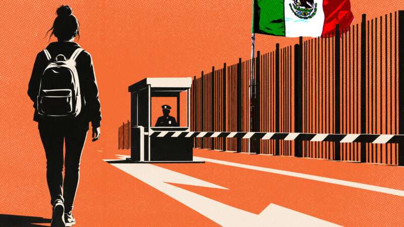 A woman in a backpack walks toward the U.S.-Mexico border | Adani Samat/ChatGPT