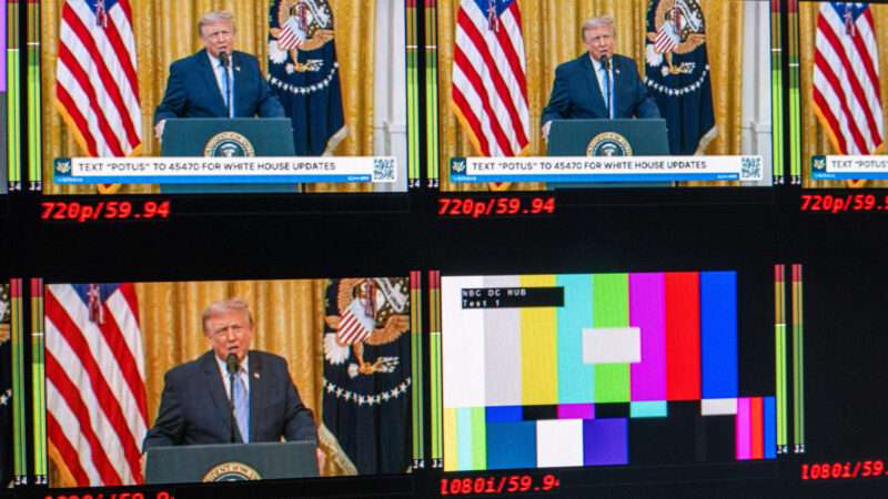 President Donald Trump addresses the nation, as depicted on multiple simultaneous broadcast screens, with one of them showing a test pattern. |  Aaron Schwartz - Pool via CNP/picture alliance / Consolidated News Photos/Newscom