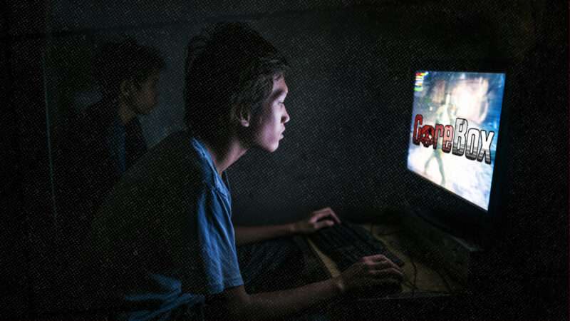 A young man plays Gorebox on a computer. | Illustration: Midjourney/Gorebox/F²Games