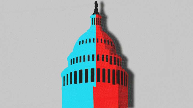 An illustration of the Capitol building, with the left half colored in blue and the right half colored in red | Illustration: Midjourney