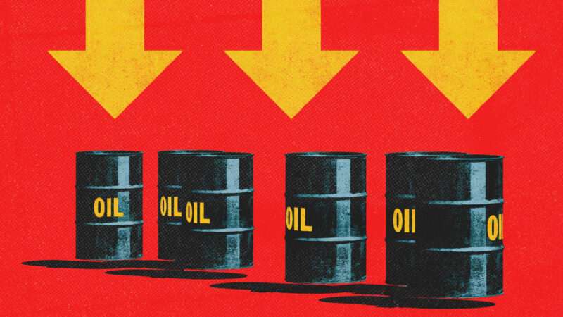 Barrels of oil, with down yellow arrows above them | Adani Samat/Midjourney
