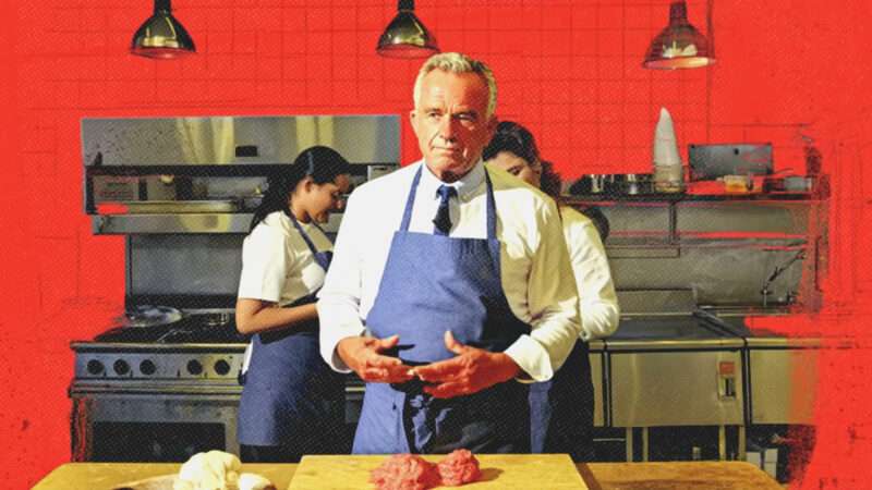 A stylized image of Robert F. Kennedy Jr. wearing an apron and standing in a commercial kitchen with raw ground beef in front of him. | Illustration: Midjourney