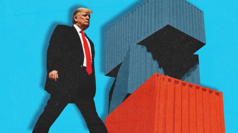 President Donald Trump strides by a stack of shipping containers | Midjourney
