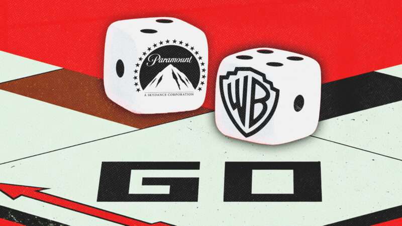 Dice on a Monopoly board with the Paramount Skydance and Warner Brothers logos | Illustration: Warner Bros/Paramount/Midjourney