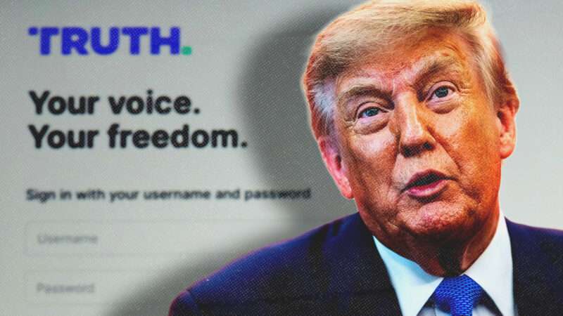 Donald Trump, with Truth Social in the background | Illustration: Cristian Bonaviri/Sipa USA/Newscom/Bonnie Cash-Pool via CNP/CNP/ Polaris/Newscom